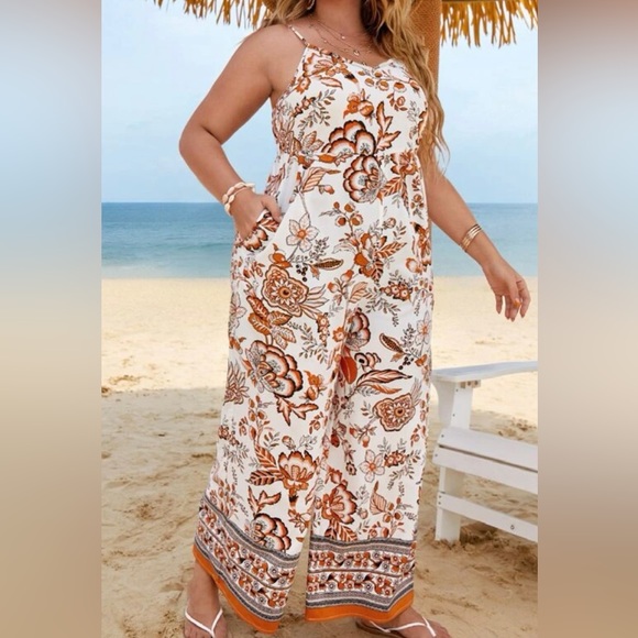 Bohemian Boho Plus Size Floral Paisley Pockets Wide Leg Pants Jumpsuit - Picture 3 of 11